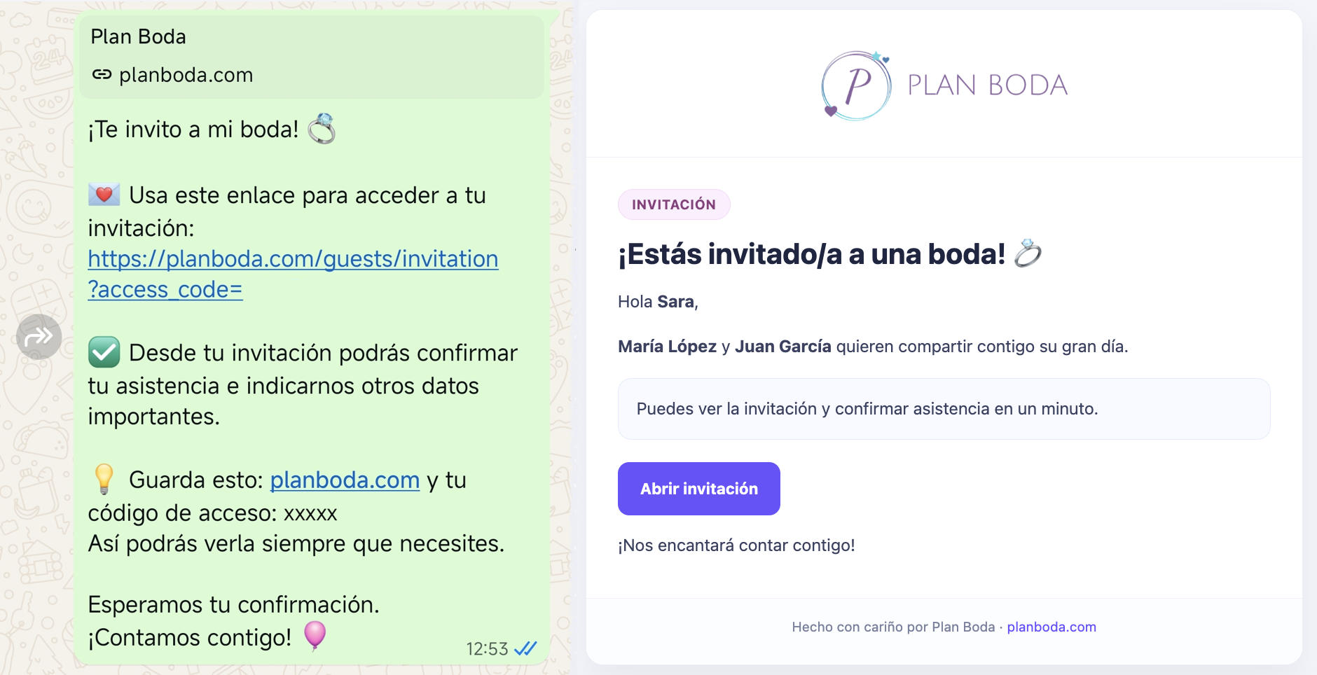 Panel para enviar invitaciones por WhatsApp y email